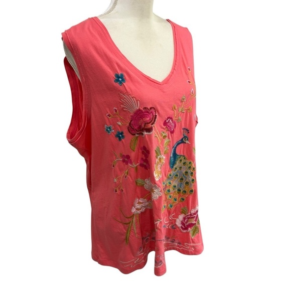 Johnny Was XS Embroidered Celina Tank Top Raw Edge V-Neck Peacock Floral Coral - Picture 12 of 14